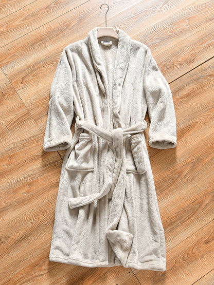 Thickened Flannel Long Pajamas Robe for Men And Women Home Wear Autumn Winter Warm Polyester Fiber Pure Color Couple's Bathrobe