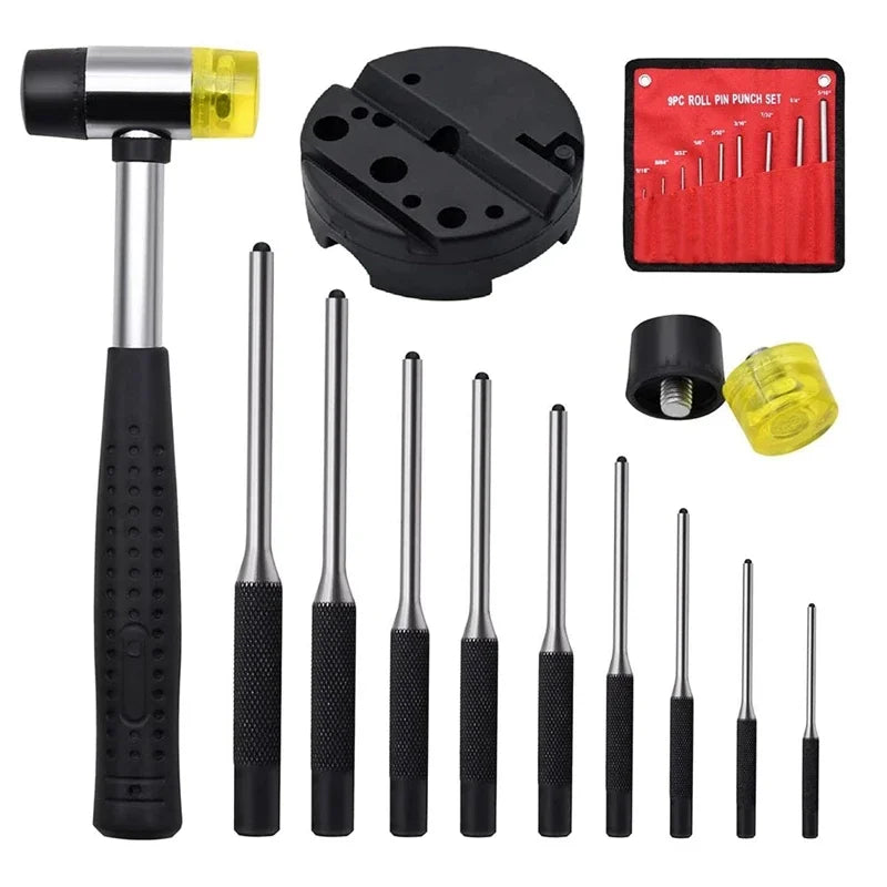 Roll Pin Punch Set With Storage Pouch Smithing Punch Removing Repair Tools With Bench Block Pin Punches And Hammer