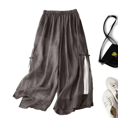 Gray Cotton Linen Casual Elastic High Waist With Lining Women's Pants Wide Leg Ankle-Length Pants For Women Clothing Fashion
