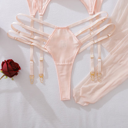 2025 French style hanging neck pure desire sexy steel ring gathering shaping underwear split set with leg socks
