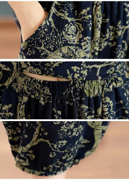 New Summer Floral Print Midi Sleeve Cotton Linen Loose Women's Two-Piece Set Ethnic Style Mom Clothes Comfortable Breathable