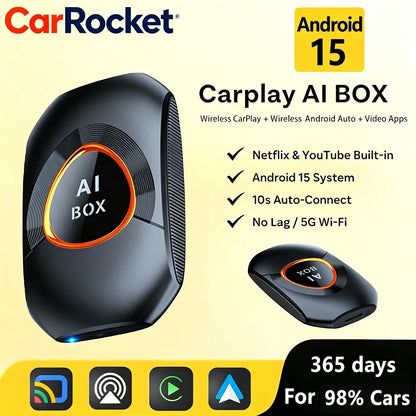 CarRocket Android 15.0 System AI Box Wireless CarPlay & Auto Adapter 4K Video Support Compatible with Factory CarPlay & Android