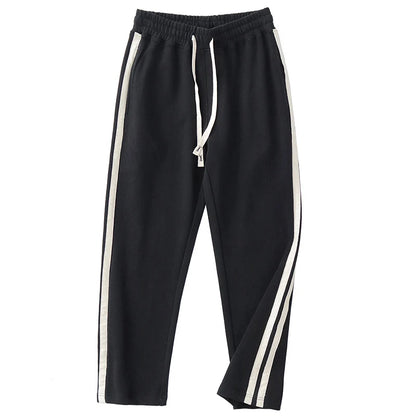 Spring Autumn American Retro Drawstring Knitted Striped Sweatpants Men's Simple 100% Cotton Sports Casual Loose Straight Pants