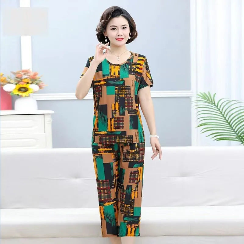 Summer 2025 Ice Silk Loose Fit Short Sleeve round Neck Two Piece Set for Middle-Aged And Elderly Casual Style Comfortable Wear