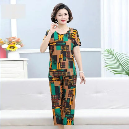 Summer 2025 Ice Silk Loose Fit Short Sleeve round Neck Two Piece Set for Middle-Aged And Elderly Casual Style Comfortable Wear