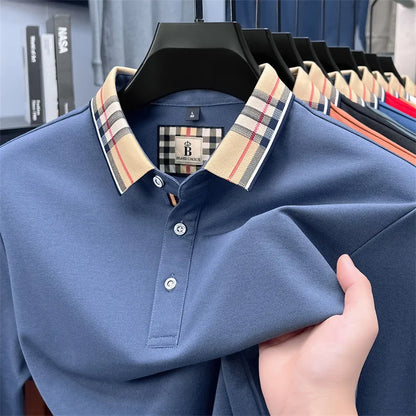 Fashion silk cotton long sleeve polo shirt men's autumn luxury brand simple comfortable new business and leisure lapel T-shirt