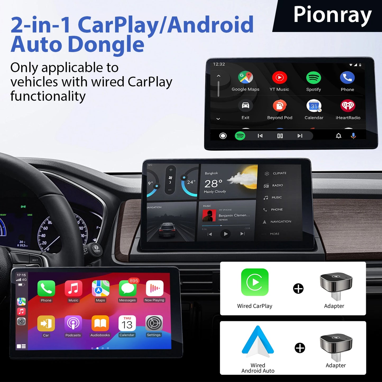 2 in 1 Android Auto Wireless Adapter CarPlay USB C 5Ghz WiFi Dongle Plug Play for Car Music Hands Free Calling