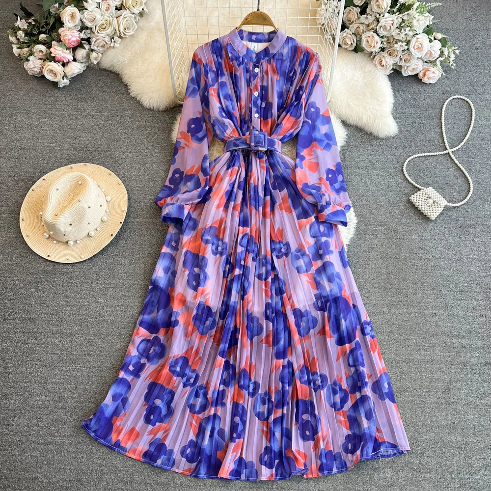 Ele Vintage Long Sve A-Line Printed Gown with Pleated Skirt And Slimming Waist Design for Young Women Korean Sle Com...