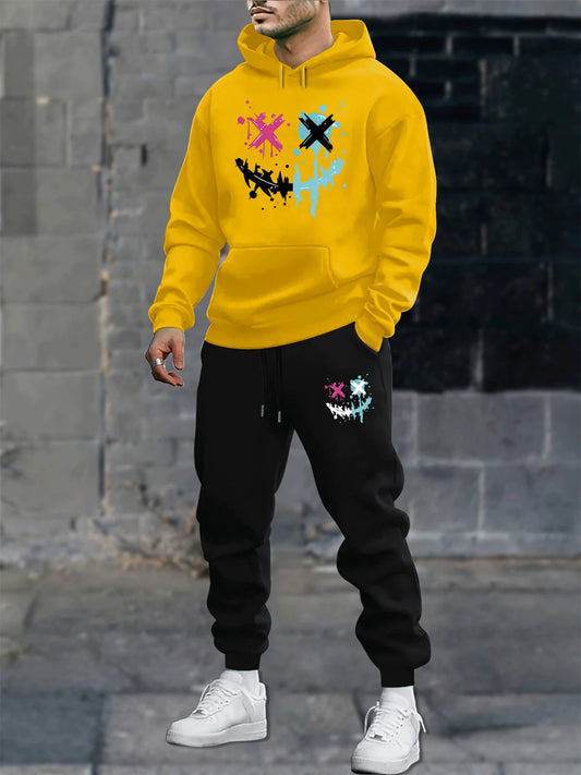 Men's autumn and winter casual fashion warm smiling face pattern printed loose plush thick hooded sweatshirt+sweatpants set