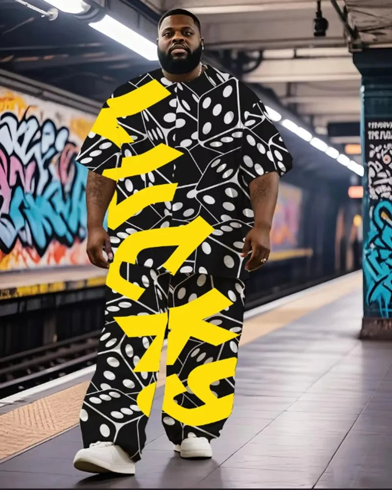 9XL Plus Size Men's Hip Hop Graffiti Lucky Sieve Graphic T-Shirt & Pants Set - Soft Breathable Streetwear Outfit