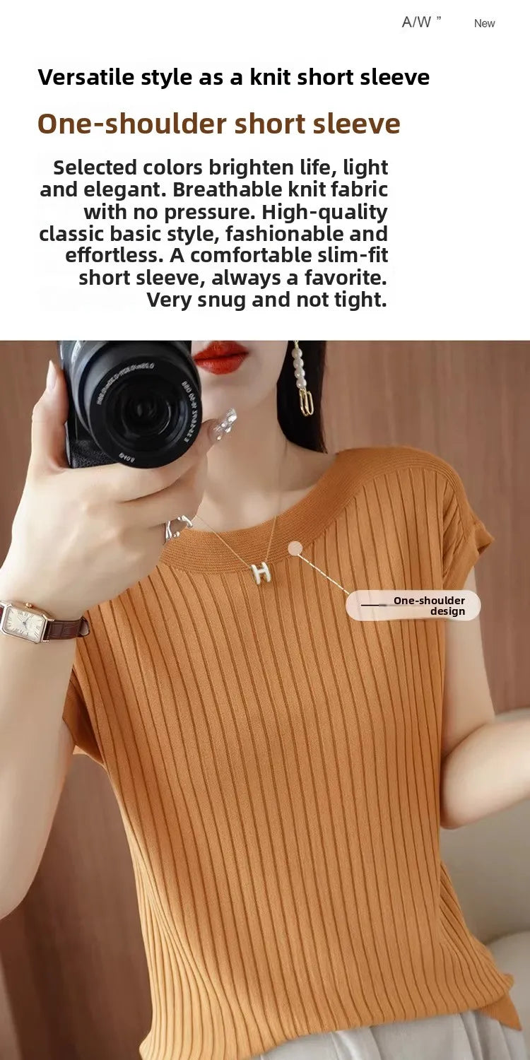Ice Silk Knitted Top Women Loose Spring Summer New Style Thin Short Sleeve One Shoulder T-Shirt Breathable Comfortable Casual...