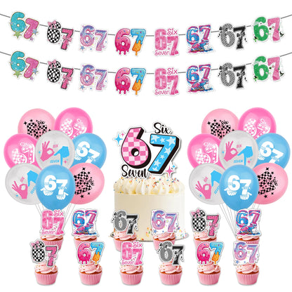 I WAS 6 NOW IM 7 Number 67 Themed Birthday Party Decoration Banner Balloon Cake Toppers＆ Make A Face DIY Stickers Creative Gift