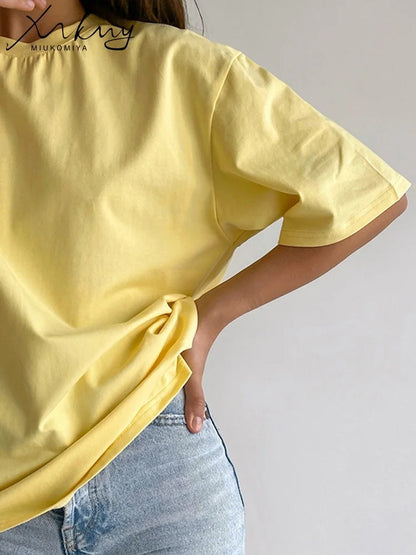 Simple White Oversize T-shirts For Women Cotton Summer Green T Shirts Women Short Sleeve Loose Blue T Shirt Women Yellow Top Tee