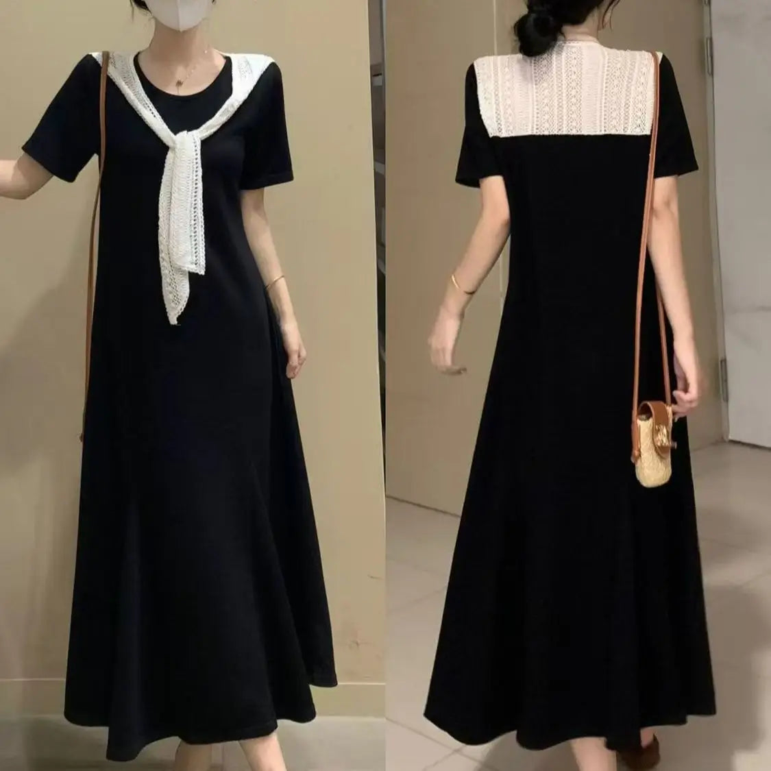 Naval Collar Lace Trim Slimming Long Dress French Style Loose Fit Mommy's Summer Dress mid Waist Design Casual  Knot