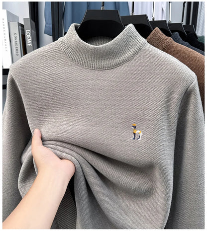 High End Embroidered Snow Carved Velvet Semi High Neck with Thick Velvet Men's Sweater Winter Semi High Neck Base Sweater