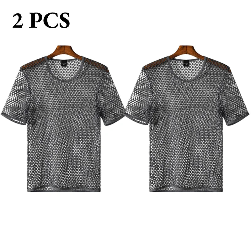 Men's Fishnet Mesh T-Shirt See Through O-neck Short Sleeve Hollow Out Tops Breathable Streetwear Nightclub Party Sheer T Shirts