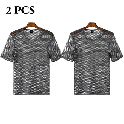 Men's Fishnet Mesh T-Shirt See Through O-neck Short Sleeve Hollow Out Tops Breathable Streetwear Nightclub Party Sheer T Shirts