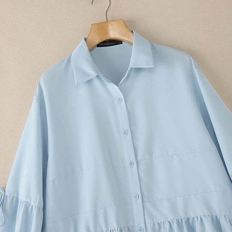 2025 Autumn Blouse ZANZEA Office Women Shirt Spring Elegant Lapel Neck Long Sleeve Tops Solid Button Up Blusas Lace-Up Chemise
