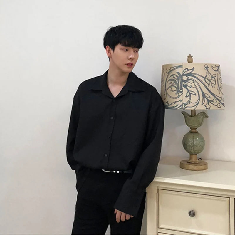 Double Collar Long Sleeve Shirt Men White Shirt Vintage Wine Red Shirts Men Korean Comfortable Blouse Casual Loose Lapel Shirt