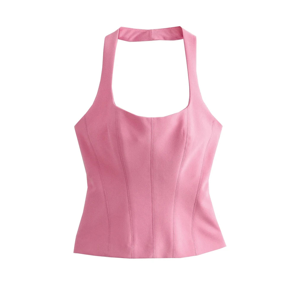Women's Backless Halter Fitted Tank Tops, Female Camis, O Neck, Side Zipper, Sexy Fashion