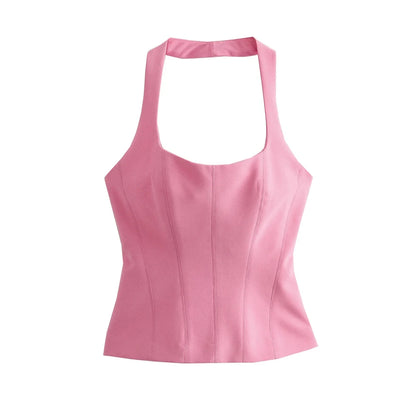 Women's Backless Halter Fitted Tank Tops, Female Camis, O Neck, Side Zipper, Sexy Fashion