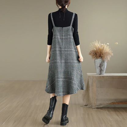 Autumn Winter Plaid Wool Skirt Vest Dress Slimming plus Size Mid-Length Thin Base Layer Outerwear Casual round Neck Dress