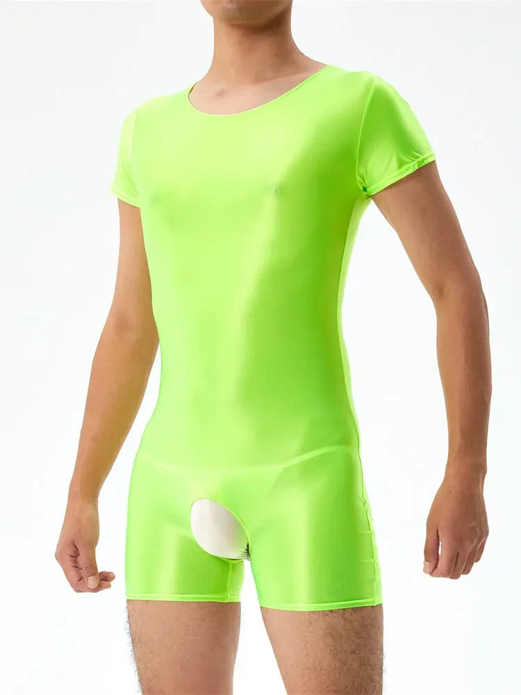 Sexy Men's Open Crotch Bodysuit Short Sleeve Oil Shiny Glossy Tights High Elastic Man Clothing Shapers Exotic Leotard