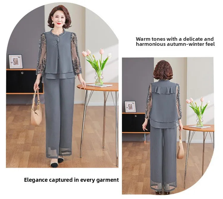 New 2026 Summer Fashionable Thin Two-Piece Set for Older Women Age-Defying Trendy Top And Bottom Ensemble Polyester Fiber