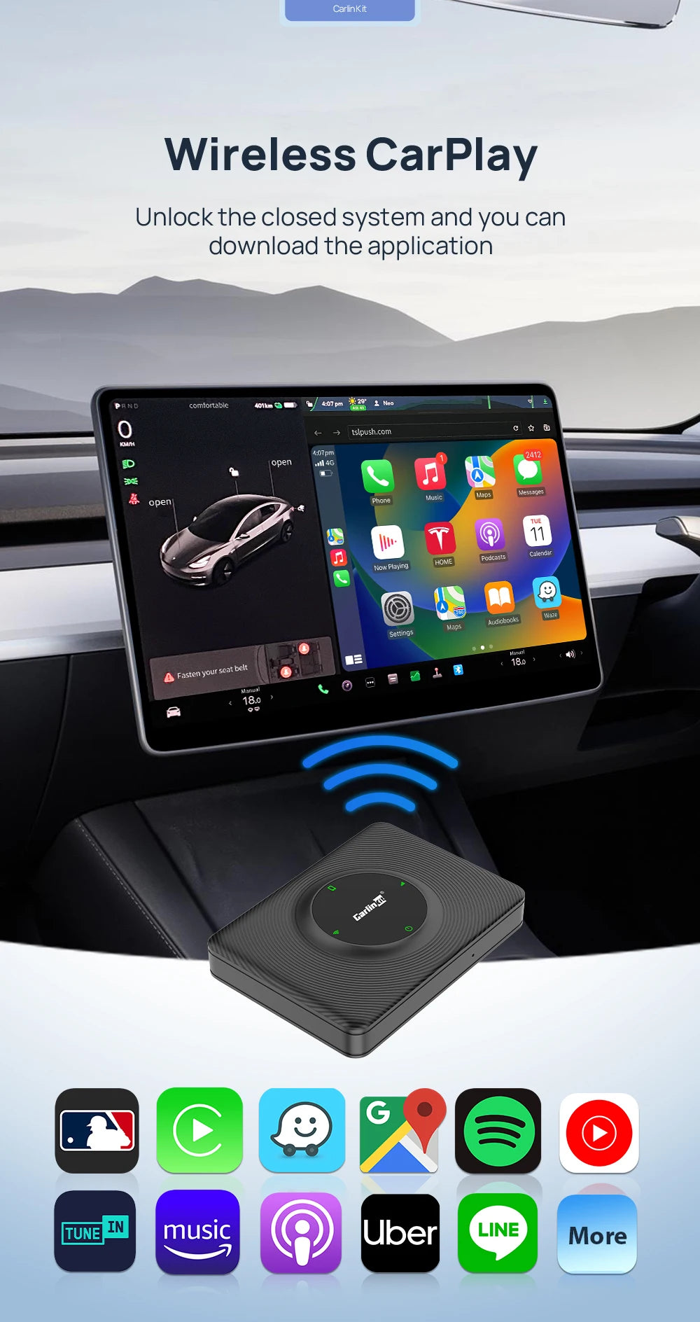 CarlinKit USB Adapter Wireless Android Auto CarPlay 2-In-1 Smart Box For Tesla Model 3 Model Y 2.4G&5Ghz WiFi BLE Auto Connect