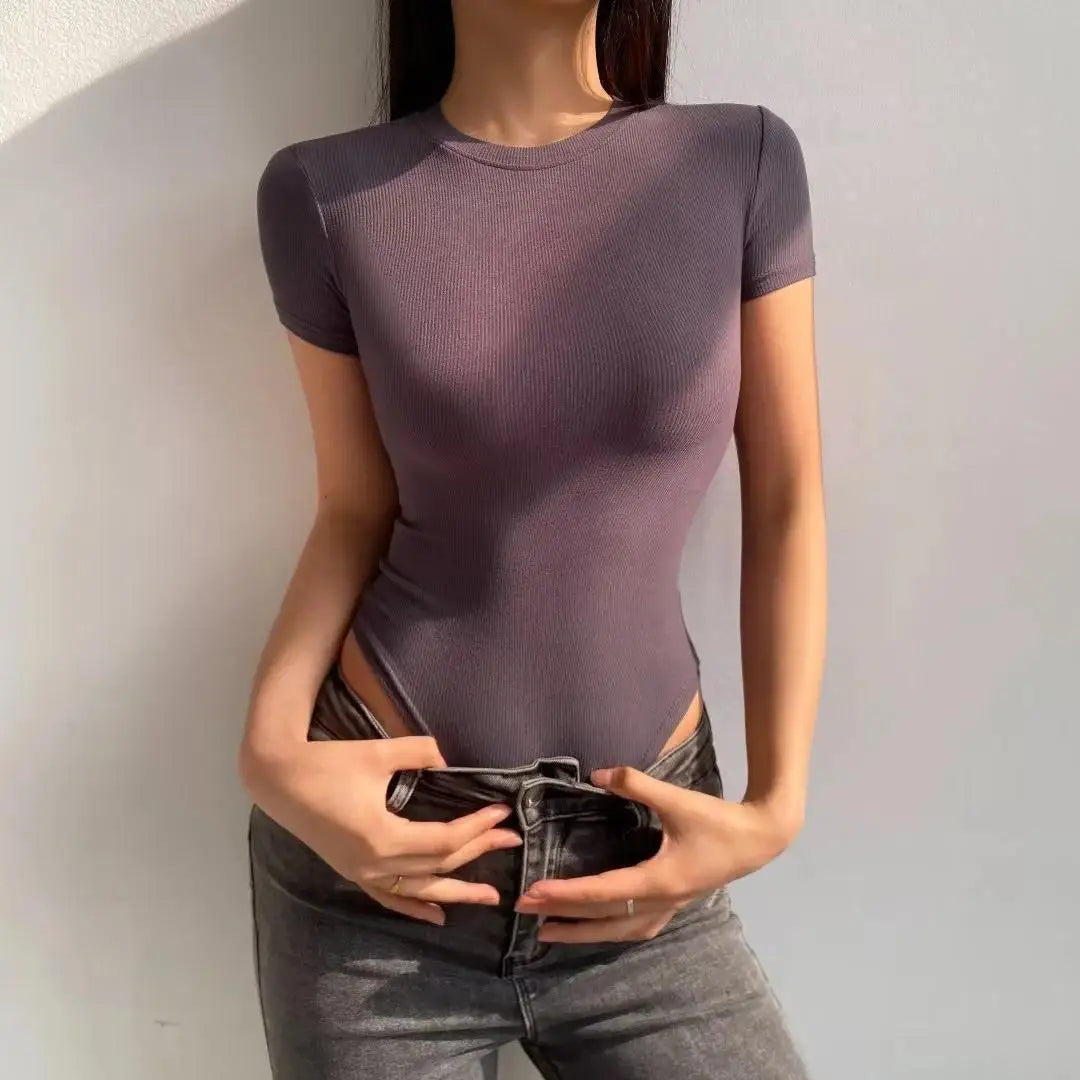 Summer Short Sleeve O-neck Knitted Bodysuits Women Stretchable Slim Basic Solid Color Tops
