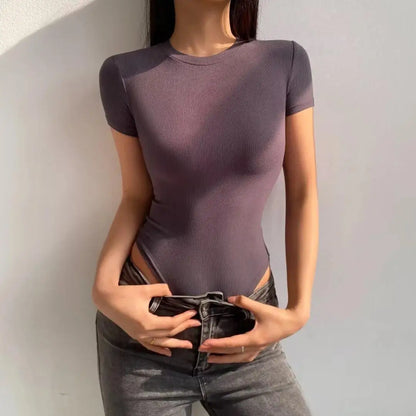 Summer Short Sleeve O-neck Knitted Bodysuits Women Stretchable Slim Basic Solid Color Tops