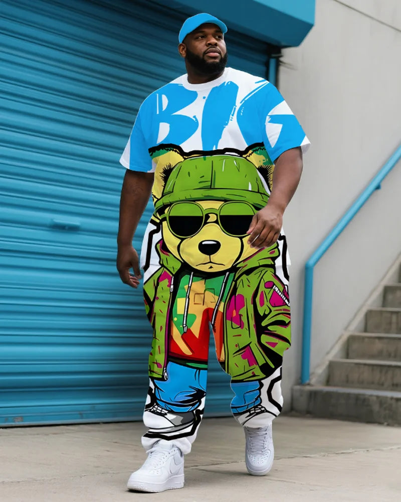 S-9XL Men's Plus Size Hip Hop Cartoon Print Short Sleeve T-shirt and Pants Two-Piece Set