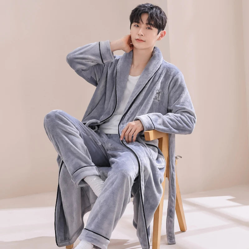Thiened Long Coral Fce Pajamas Women's Spwear Winter Home Clothes Couple Batobes Men's plus Size Flannel Gown