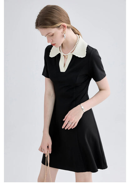 Women Dress Black Elegant Vintage French Style Short Sleeve Cute Casual New Fashion Polo-Neck Office Ladies Mini Dress 2026