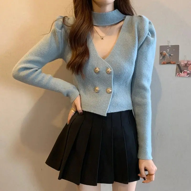Elegant V-Neck Bubble Sleeve Knitwear Short Top Fashion Trend Neck Hanging Style Girl's French Style Slim Fit Long Sleeve Autumn