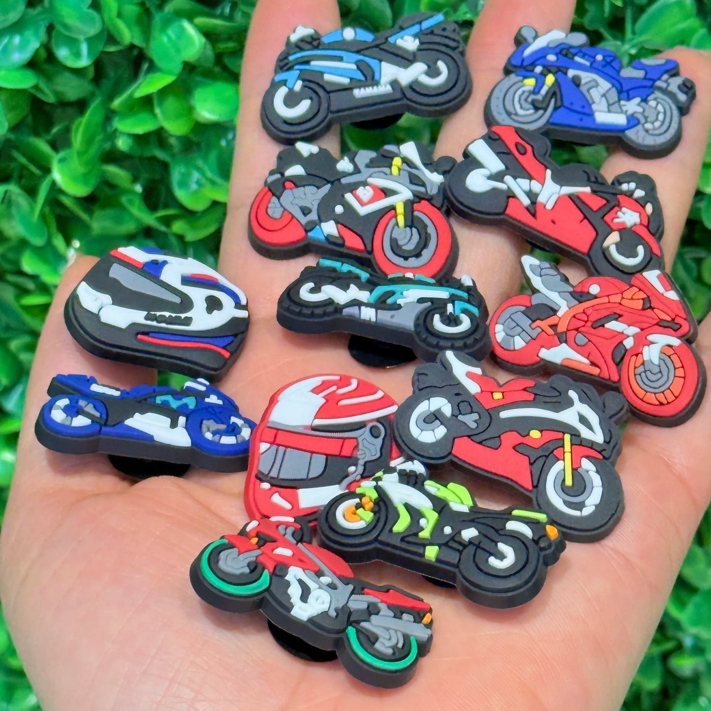 12-100Pcs Mix Motorcycle Helmet PVC Shoe Charms Cool Man Woman Sandal Buckle Decorations Fit Birthday Gift