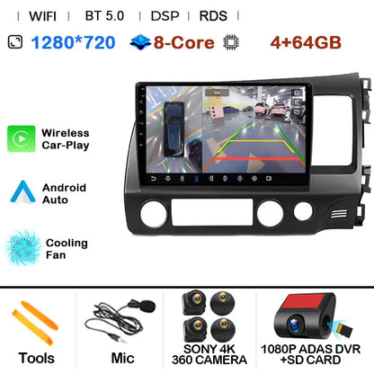 Car Radio Android 15 For Honda Civic 8 FK FN FD 2005 - 2012 RHD Multimedia Player Navigation GPS Carplay Stereo BT Head Unit DSP