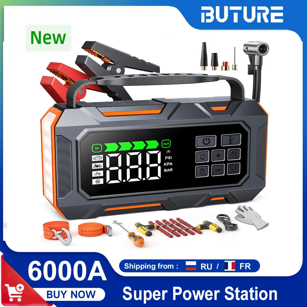 BUTURE 6-in-1 Car Jump Starter Repair Tools Air Compressor 160PSI 26800mAh Starting Device Portable Car Roadside Emergency Kit