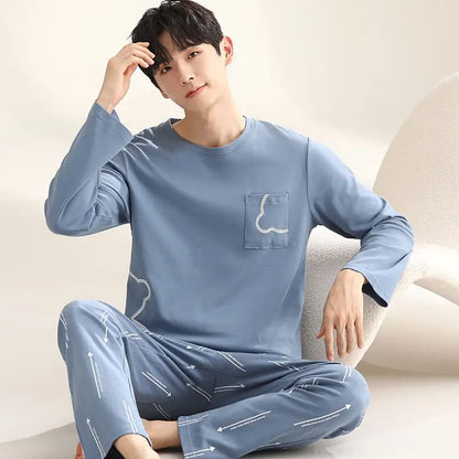 2024 Autumn Long Sleeve 100% Cotton Pajamas Sets for Men Korean Loose High Quality Sleepwear Pyjamas Male Homewear Home Clothes
