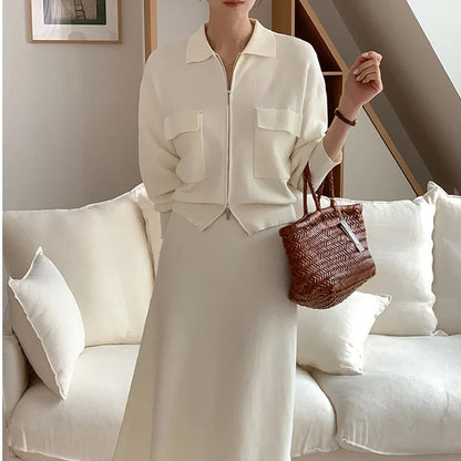 Korean Style Women's Fashion Short Knitted Top High Waist Skirt Sweater Two-Piece Set Chic Autumn Wear for Adults