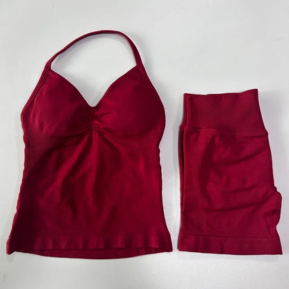 2 Pieces Sports Set Women Backless Tank Yoga Tops High Waist Scrunch Seamless Shorts Sport Gym Set Sportswear Workout Set