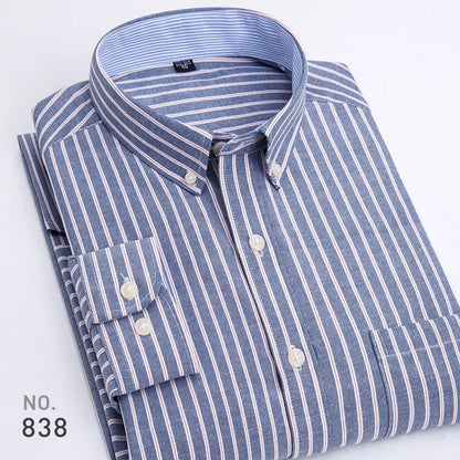 Mens Striped Plaid Oxford Spinning Casual Long Sleeve Shirt Comfortable Breathable Collar Button Design Slim Male Business Dress