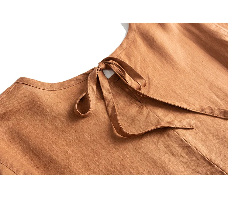 Summer Cotton Linen Women Dresses Vintage Short Sleeve Casual Loose Back Bandage Harajuku Party Club Dress With Pockets