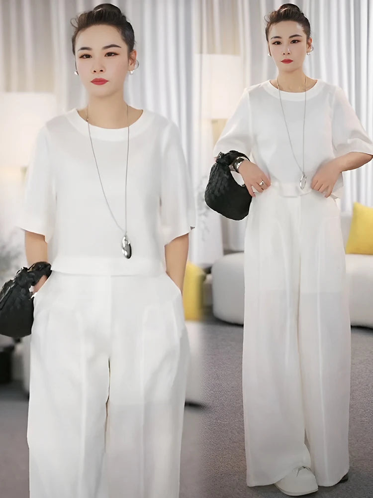 Elegant Fashionable Linen Wide Leg Pants Set Women's Summer New Design Unique Two Piece Suit Casual Commute Style round Neck