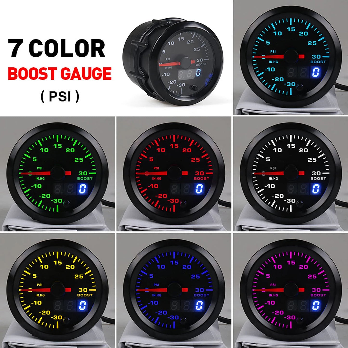 2in/52mm Universal 7 Colors LED Turbo Boost Meter PSI Pressure Gauge Digital Display Pointer Boost Sensor Vacuum Pressure Meter
