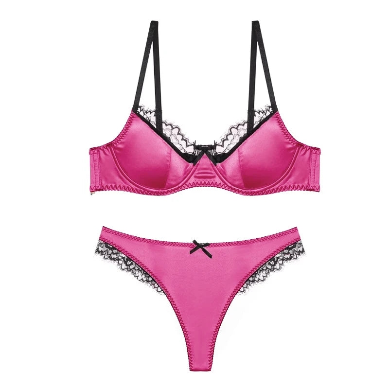 Luxury Satin Lace Lingerie Set Breathable Thin Cotton Cups Underwire Push Up Bra And Thong Sexy Women Underwear for Small Chest