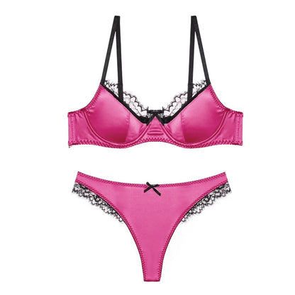 Luxury Satin Lace Lingerie Set Breathable Thin Cotton Cups Underwire Push Up Bra And Thong Sexy Women Underwear for Small Chest