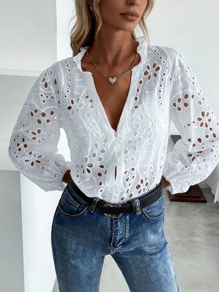 New Loose Elegant V Neck Hollow Out Lace Shirt Long Sleeve Fashion Women Office Sweet Blouse Casual Ruffle Solid Color Top