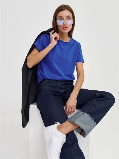 4 Colors 95% Cotton T Shirts for Women Casual O-Neck Short Sleeve Loose Tees Soft Breathable Daily Wear Comfortable Daily Tops