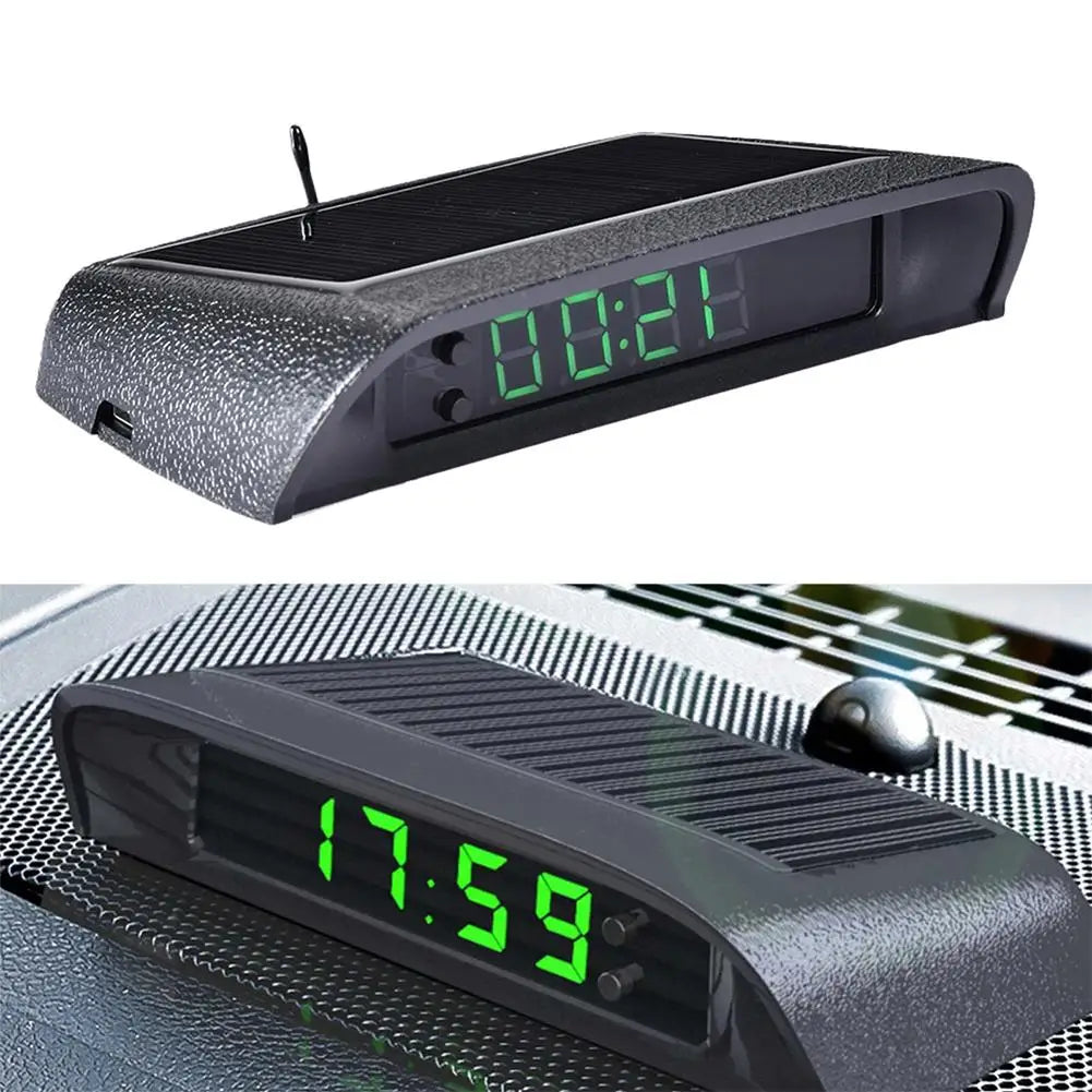 Solar Powered Car Digital Clock, LED LCD Display with Time Decor Date Dashboard Auto Thermometer, L0K4